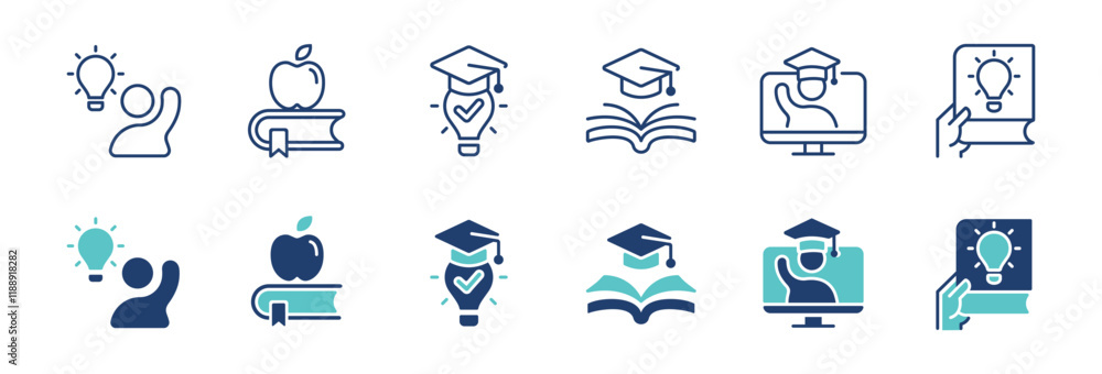 Poster knowledge cognition icon line set smart student intelligence achievement with graduation cap and lig