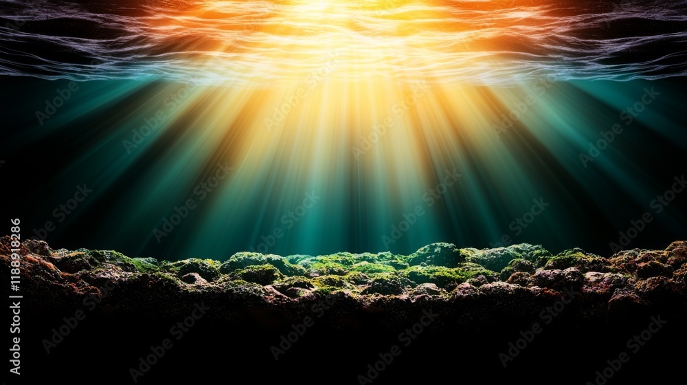 Poster a serene underwater scene with sunlight filtering through waves, illuminating vibrant coral reefs an