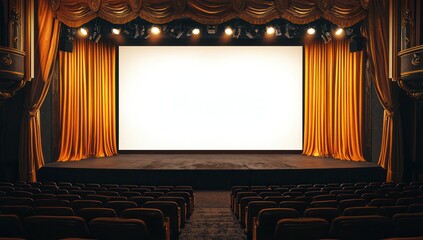 High resolution view of a white canvas on a theater stage with spotlights.