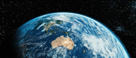 A breathtaking view of Earth from space, showcasing Australia and surrounding regions, with a backdrop of twinkling stars and the vastness of the universe, ideal for educational and inspirational use