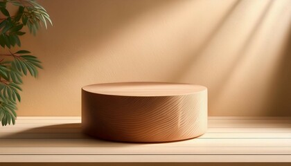 minimalist wooden podium against textured beige wall creating a serene and elegant display space for product presentation or art exhibition
