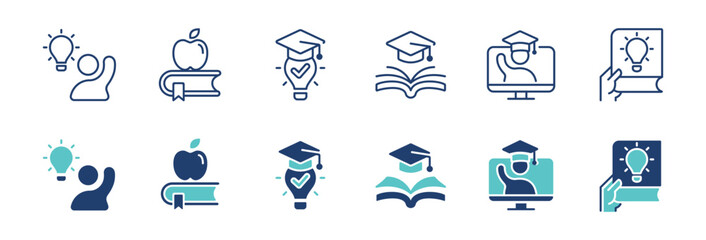 knowledge cognition icon line set smart student intelligence achievement with graduation cap and lightbulb book signs vector outline illustration