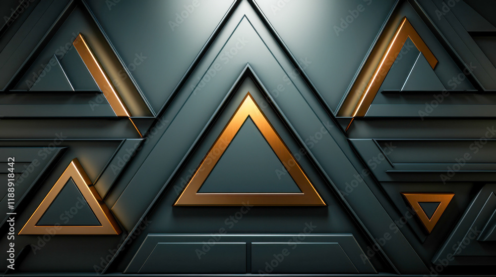 Poster modern geometric design featuring interlocking triangles in a dark setting with gold accents