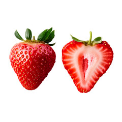 A realistic photo of a sliced strawberry, with one whole and one halved strawberry, isolated on a transparent background