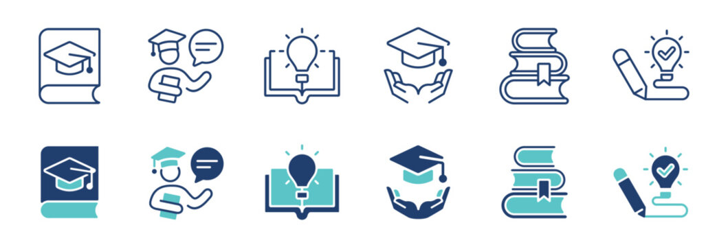 education knowledge cognition icon set intelligence learning achievement book innovation idea with graduation hat signs vector illustration for web and app