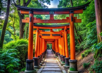 Lush green forest embraces panoramic torii gates, creating a scenic, spiritual Asian temple and tranquil travel destination.