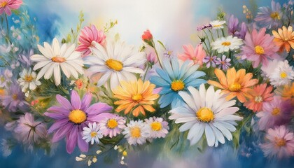 Fototapeta premium Floral seamless summer flowers garland with daisys background 