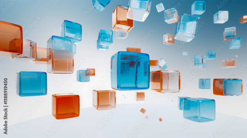 Poster floating translucent cubes in various colors create a vibrant digital background representing creati