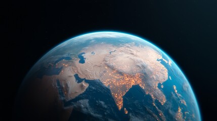 Obraz premium A stunning view of Earth from space, showcasing parts of Asia illuminated by city lights against the backdrop of the universe.