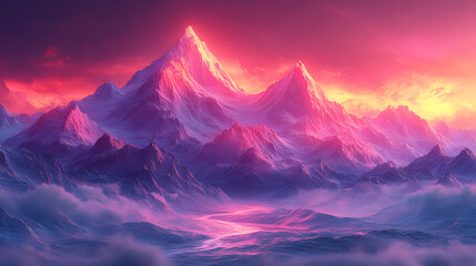 Majestic mountains bathed in vibrant sunset hues, surrounded by soft clouds.