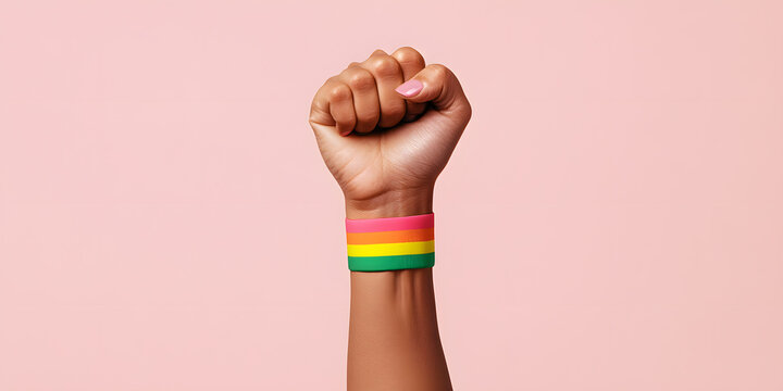 A raised fist with a rainbow wristband against a pale pink background symbolizes unity and pride.