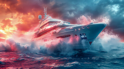 Fototapeta premium Luxury yacht navigating turbulent waters under a dramatic sky at dusk with vibrant colors reflecting on waves