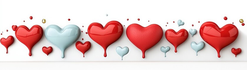 Colorful Heart Shapes with Dripping Paint in Red and Blue on a White Background