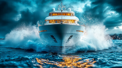 Luxury yacht speeds through turbulent waters under cloudy skies in a dramatic display of power and elegance