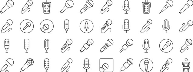 Set of Microphone Related Line Icons. Outline Signs for Graphic and Web Design, Apps, Adverts, Various Cards