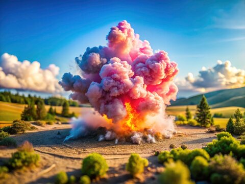 Miniature world, high-speed action shot: a controlled Tannerite explosion, tilt-shift photography showcasing the powder's dramatic dispersal.