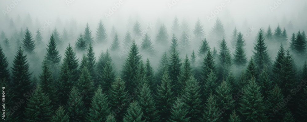 Poster a misty forest scene with dense evergreen trees, creating a serene and atmospheric landscape.