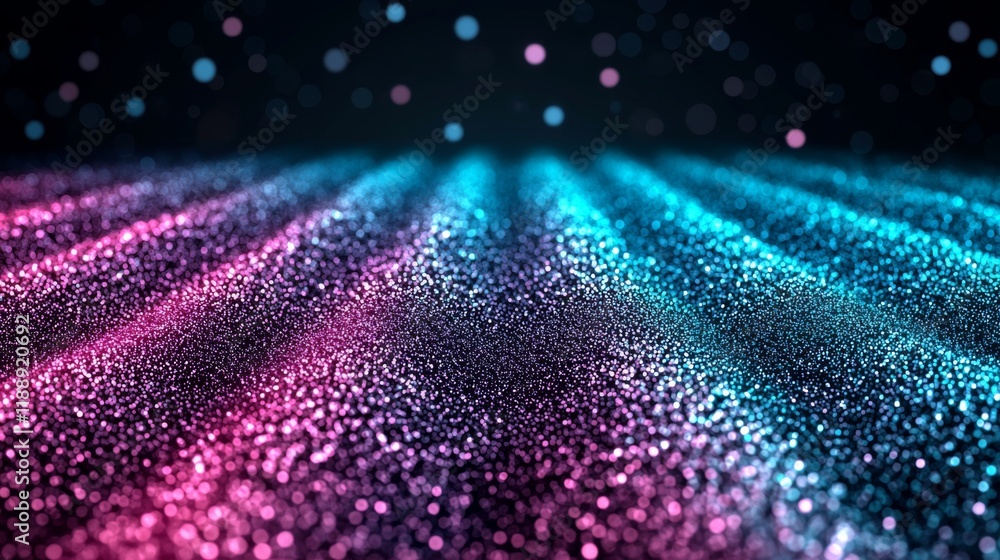 Poster a vibrant, shimmering surface with gradient colors of pink and blue, dotted with glowing particles, 