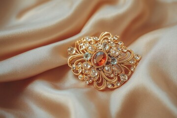 Macro photograph of a vintage gold brooch adorned with colorful gemstones on silk fabric