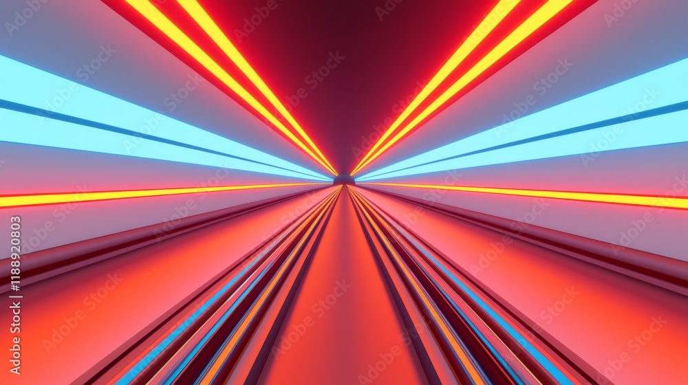 Poster a vibrant digital artwork depicting dynamic, parallel lines of red and blue light converging in a tu