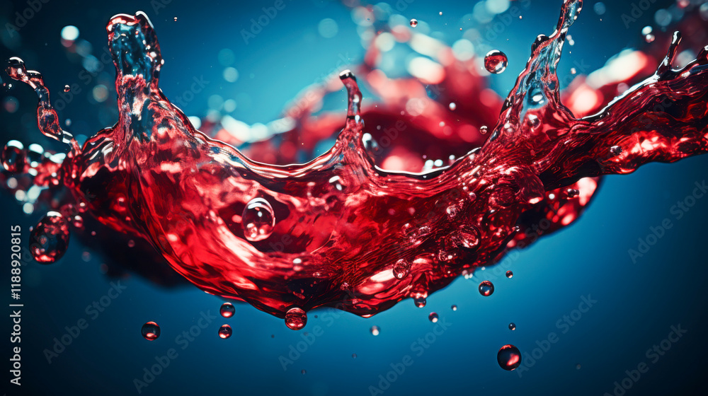 Poster dynamic splash of red liquid creates captivating patterns against a blue background during a still l