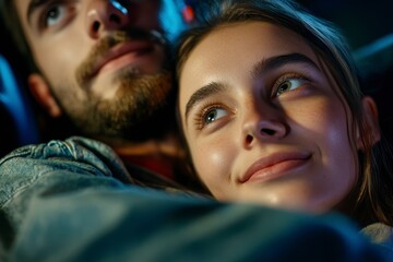 Cozy Movie Night, a woman finds comfort on a man's chest, both immersed in a shared cinematic experience, warmth and connection evident.