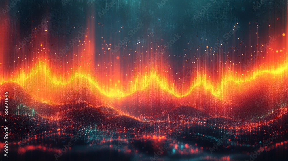 Poster abstract data visualization of a landscape with glowing digital waves and particles, creating a dyna