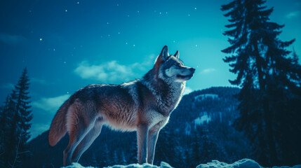 Majestic wolf standing under a starry sky in a snowy forest during the night