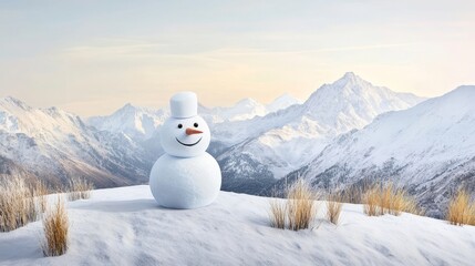 Snowman in Winter Mountain Landscape - Winter wonderland,snowman joy,mountain serenity,peaceful scene,frosty fun.