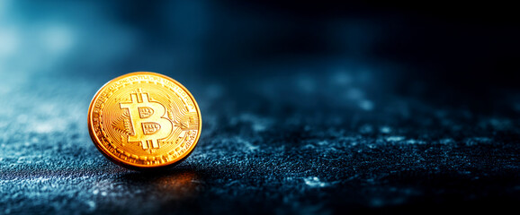 Bitcoin coin glows in low light digital currency study close-up shot dark environment detailed view concept of modern gold