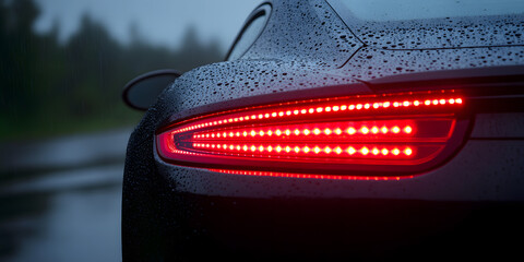 Rain-covered luxury car's taillight glows red in the twilight.  A close-up showcasing sleek design and modern LED technology.