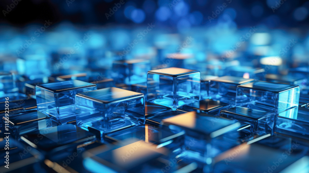 Poster bright blue translucent cubes arranged in an abstract pattern reflecting light in a dynamic environm