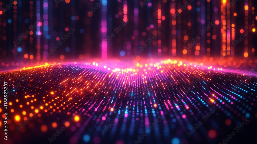 Poster abstract data stream visualization with vibrant glowing particles and deep hues