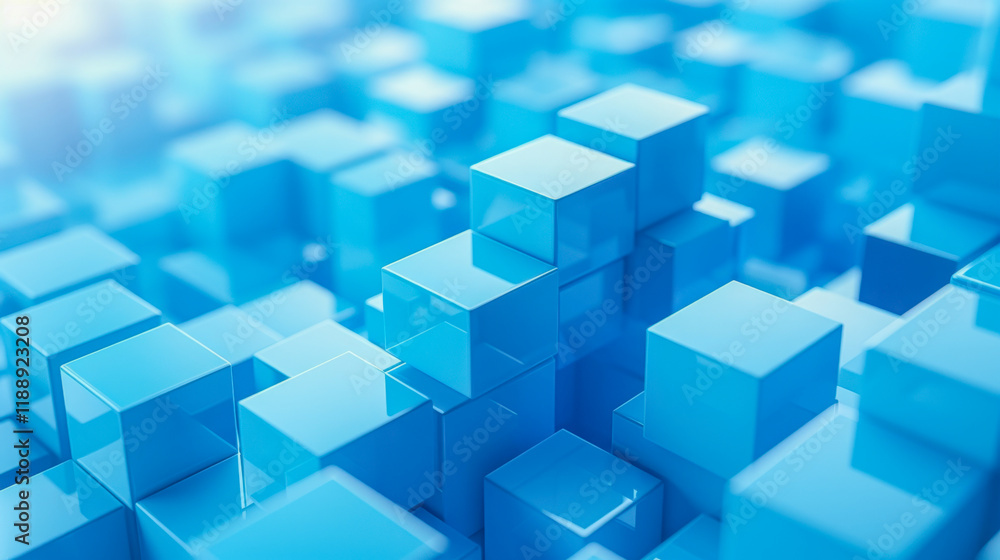 Poster bright blue cubes create an abstract digital landscape with varying heights and reflections in a fut