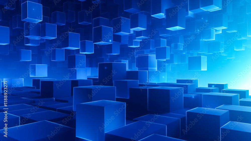 Poster digital abstraction of blue cubes floating in a 3d space creates a futuristic atmosphere designed fo