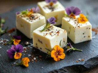 Photo of white dry yogurt pieces elegantly arranged on a dark slate plate, garnished with edible flowers, surrounded by scattered petals, captured in soft natural lighting