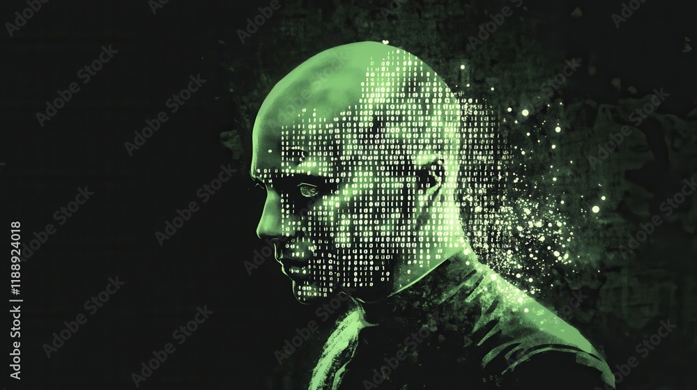 Poster digital human head with binary code and glowing lights illustration