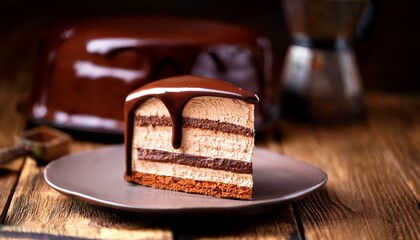 creamy cake with chocolate glaze on the rustic background selective focus shallow depth of field