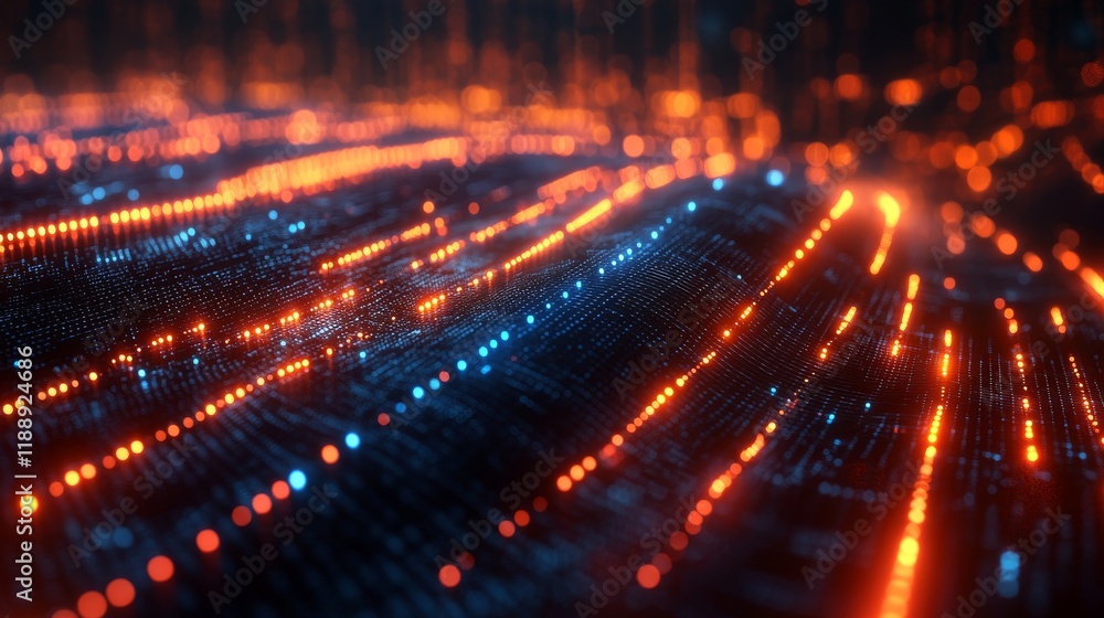 Poster abstract digital landscape with glowing orange and blue lights resembling data streams or artificial
