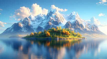 Serene mountain landscape with a tranquil lake and vibrant autumn foliage on a small island.