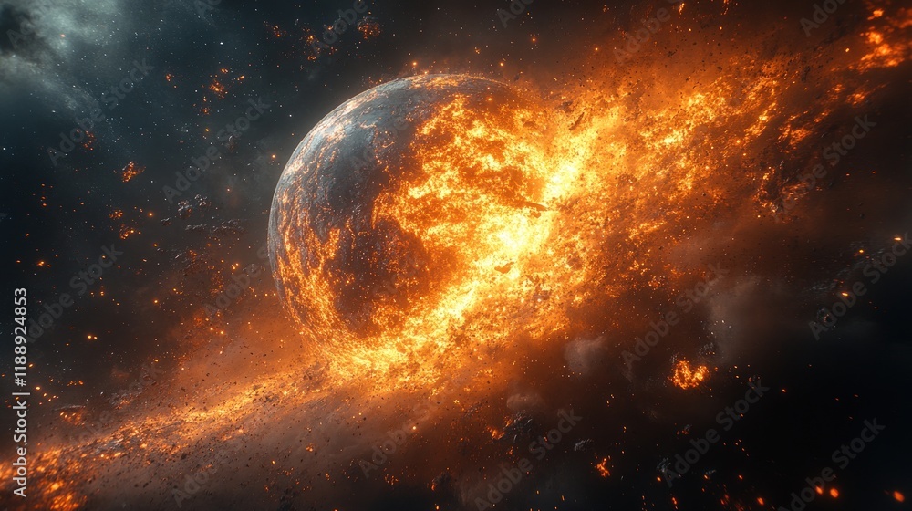 Poster fiery planet explosion in space with debris and fire.