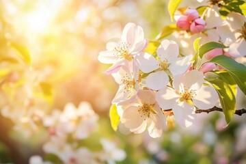 Fototapeta premium Delicate sunlight illuminating pastel flower clusters on tree limbs, vibrant spring atmosphere, enchanting floral landscape with bright rays highlighting nature’s beauty