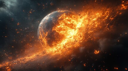 Obraz premium Fiery planet explosion in space with debris and fire.