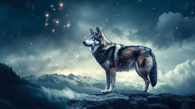 Majestic wolf standing on a rocky outcrop under a starry night sky in a misty mountain landscape