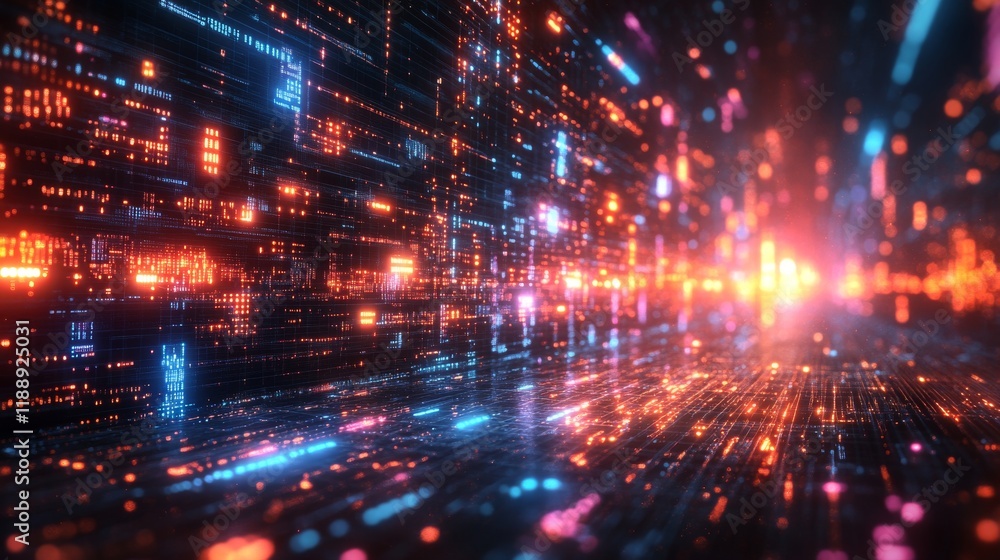 Poster abstract digital data stream with bright glowing particles and lines in a futuristic technological n