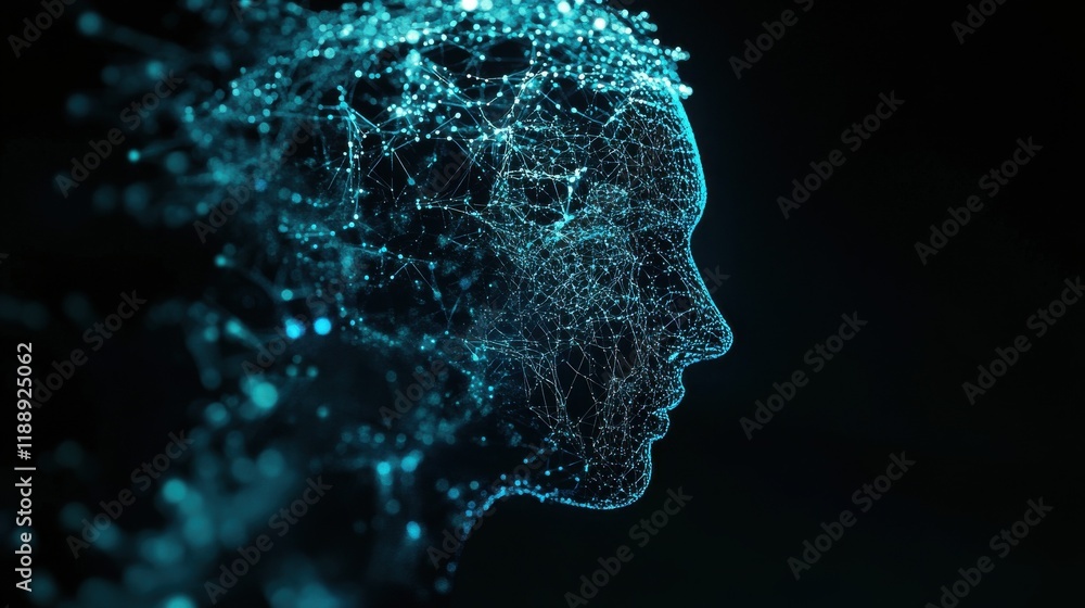 Poster artificial intelligence. image showcases an abstract digital human head profile with a futuristic co