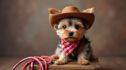Adorable Yorkshire Terrier Puppy in Cowboy Hat and Bandana: Rustic Charm