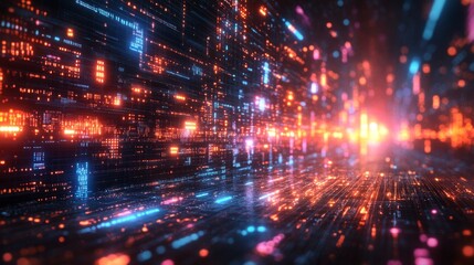 Obraz premium Abstract digital data stream with bright glowing particles and lines in a futuristic technological network