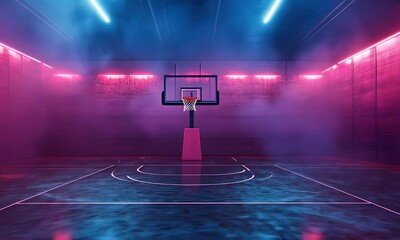 Neon-lit indoor court; basketball hoop; smoky atmosphere; game promotion