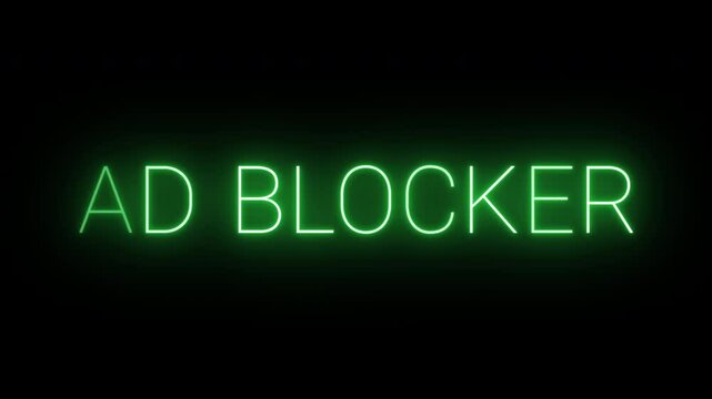 Flickering neon green glowing Ad Blocker sign animated black background